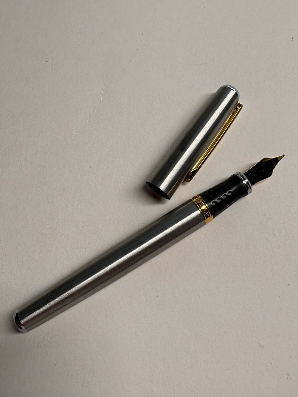 Vintage Inoxcrom Fountain Pen Silver Tone Gold Tone Trim Black Grip Spain